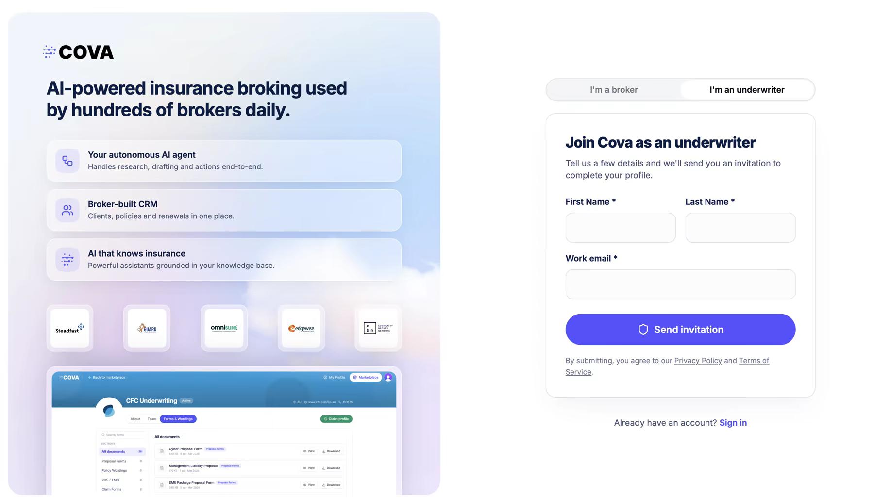 Cova underwriter signup and profile preview