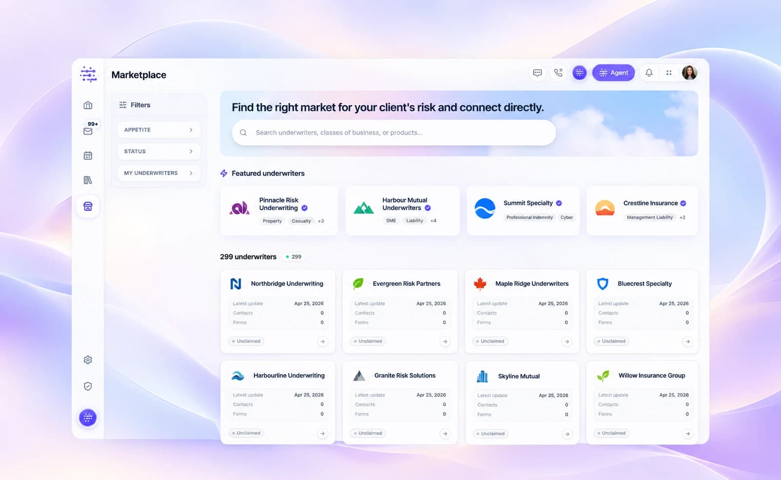 Illustrative Cova Marketplace underwriter profiles